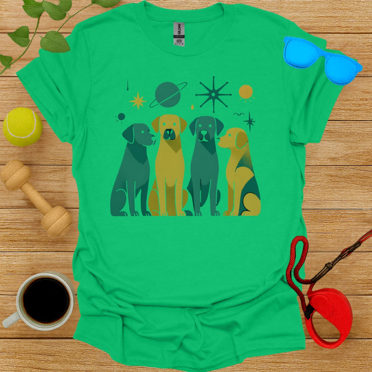Colorful graphic dogs t-shirt with space elements