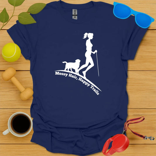 Messy Hair, Happy Trails | Women’s Dog Hiking Shirt - Navy