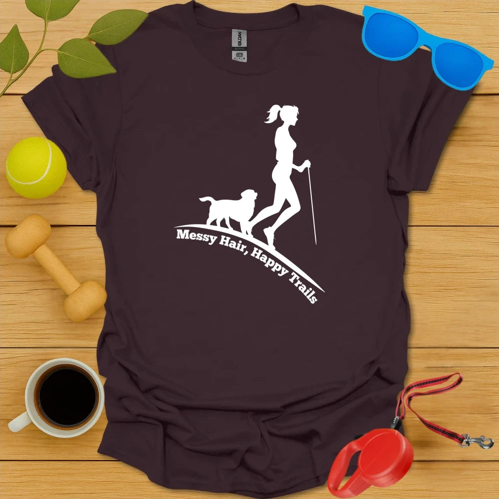 Messy Hair, Happy Trails | Women’s Dog Hiking Shirt - Dark Chocolate