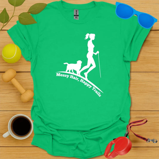 Messy Hair, Happy Trails | Women’s Dog Hiking Shirt - Irish Green