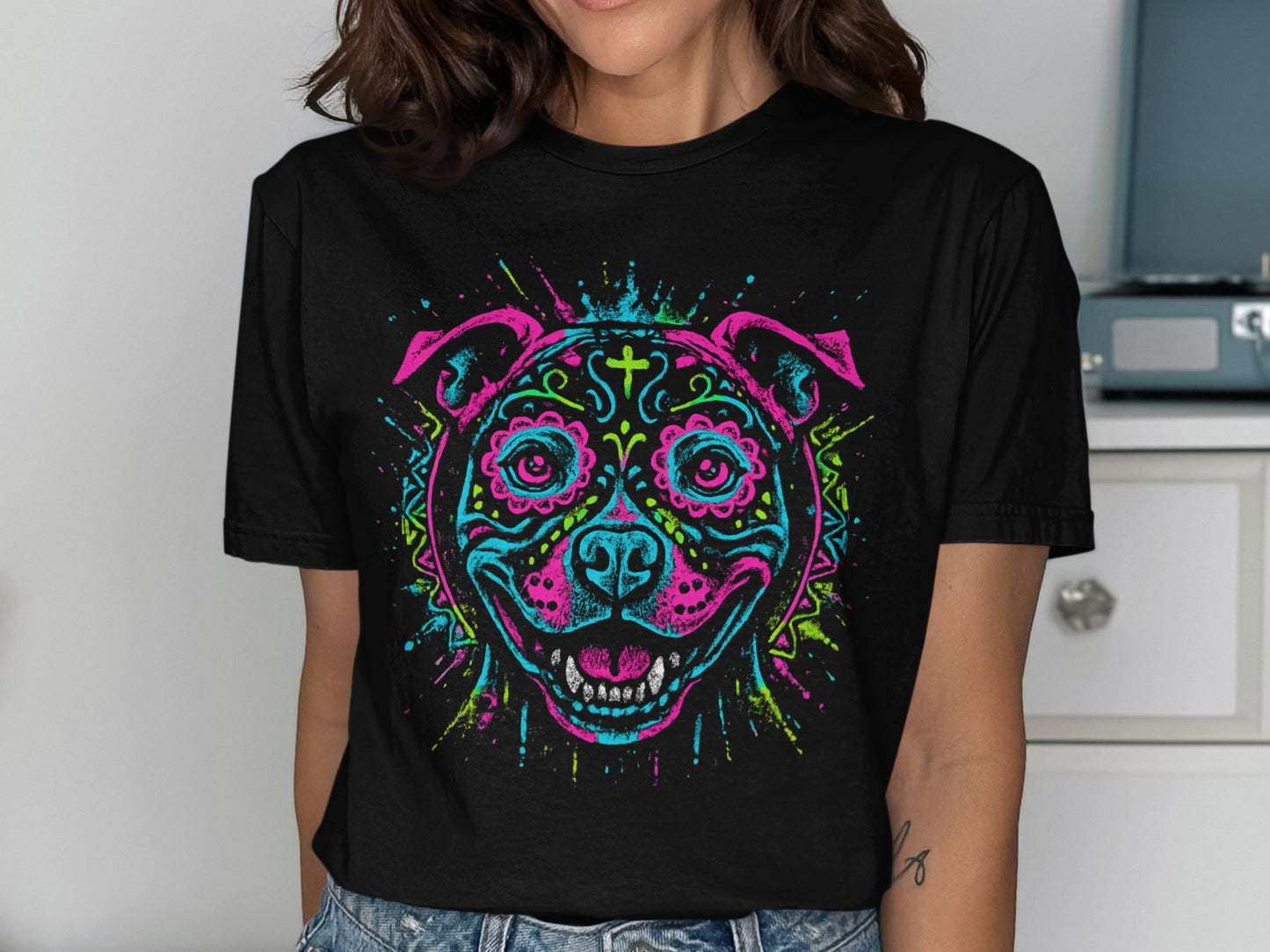 Neon Psychedelic Dog Face Art T-Shirt product