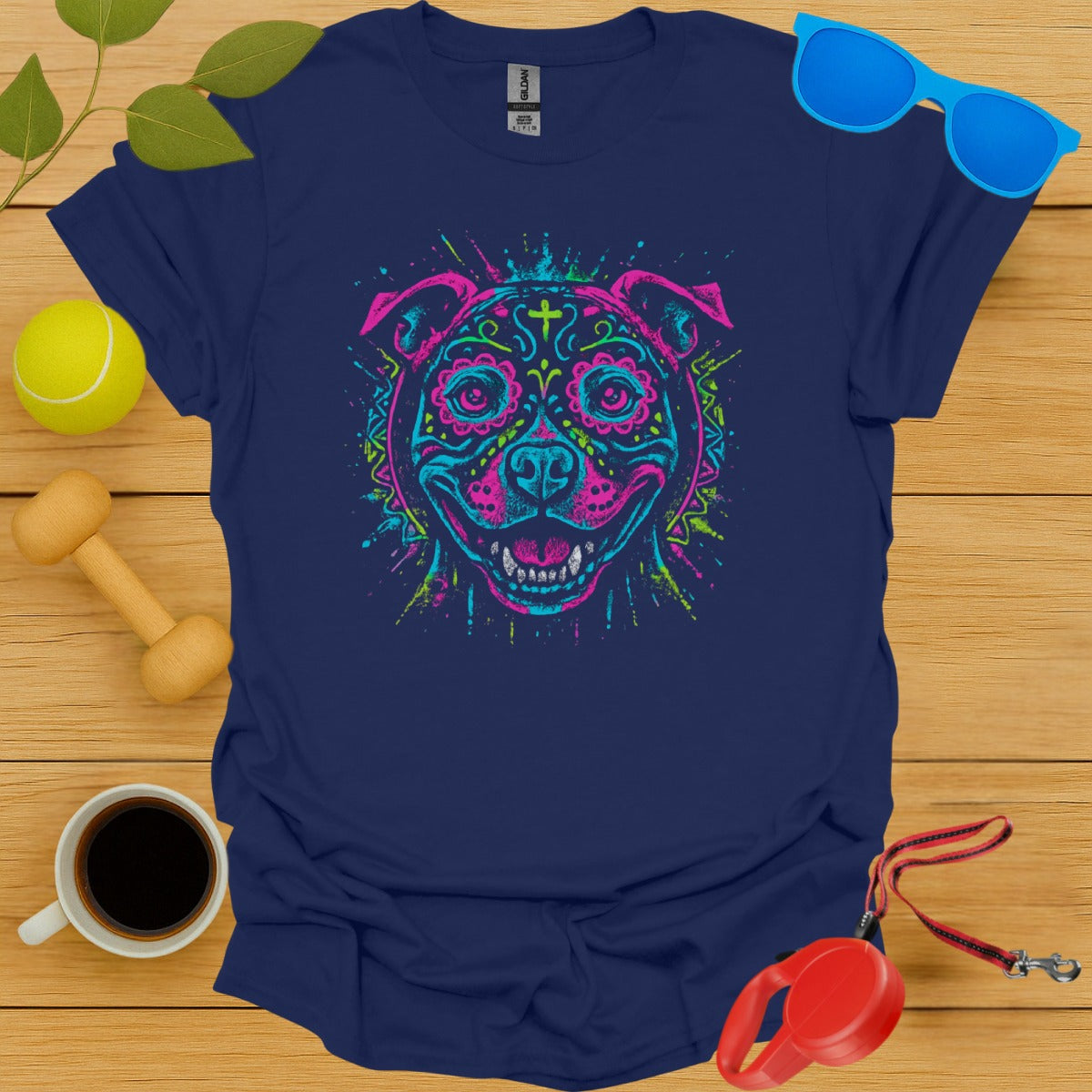 Colorful Dog Design on Blue T-Shirt product