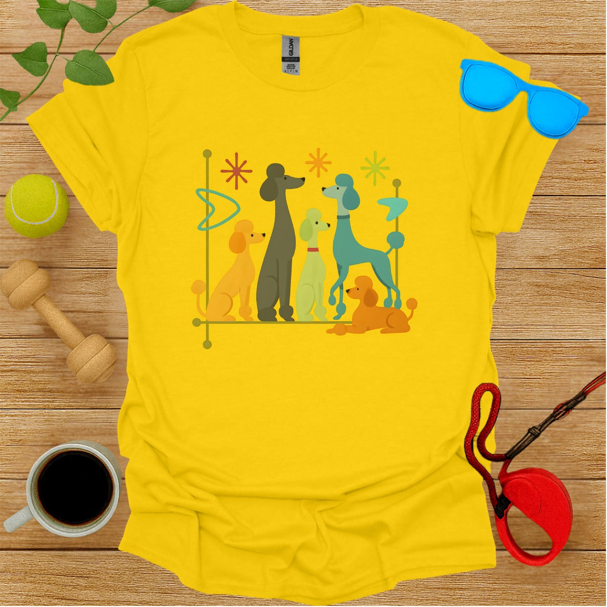 Playful Poodle Party Design on Yellow T-Shirt