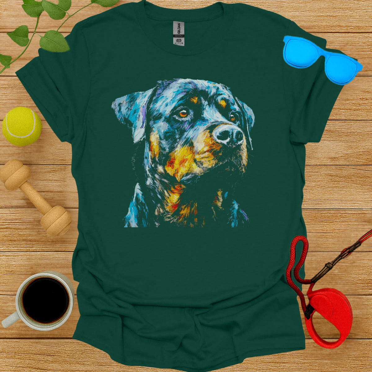 Vibrant Rottweiler Art on Dark Green T-shirt