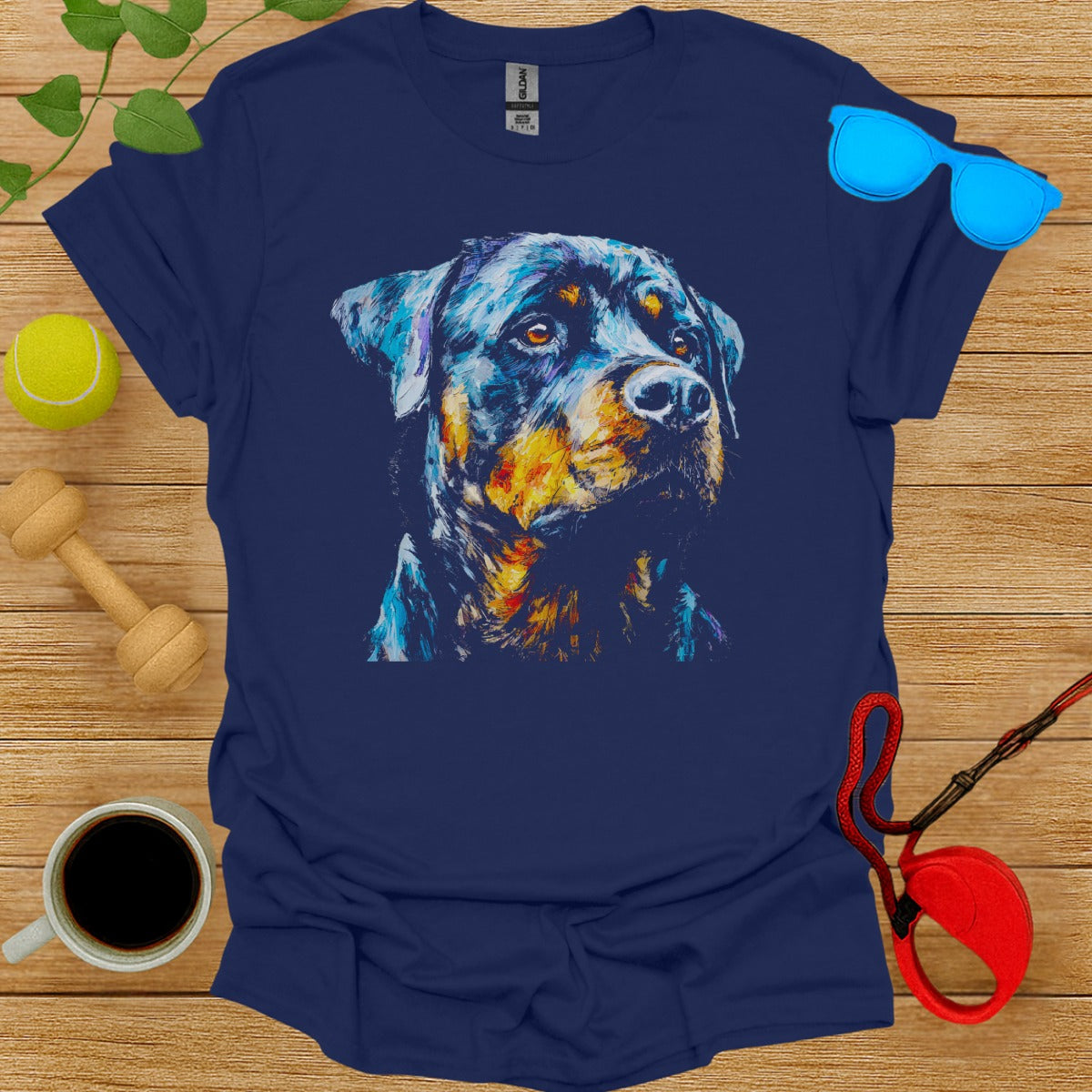 Artistic Rottweiler Dog Print on Blue T-shirt