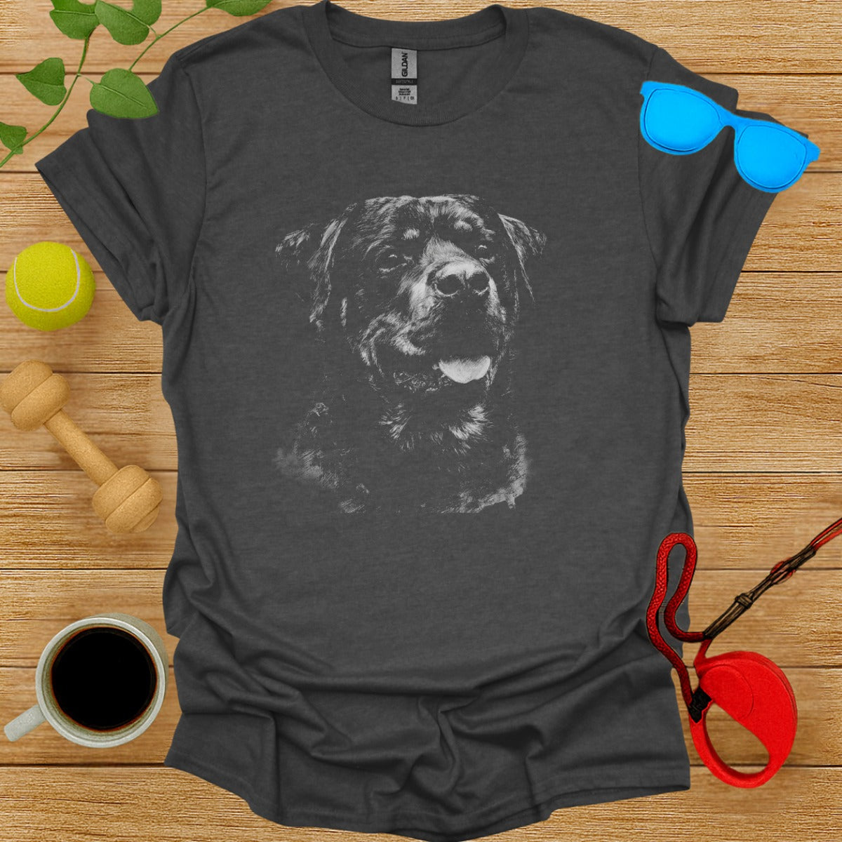 Realistic Rottweiler Dog Print on Dark Gray T-Shirt