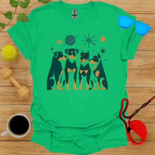 Playful Graphic Tee with Dogs and Space Elements