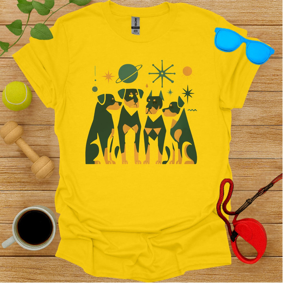 Fun Graphic Yellow Shirt Featuring Four Dogs Design