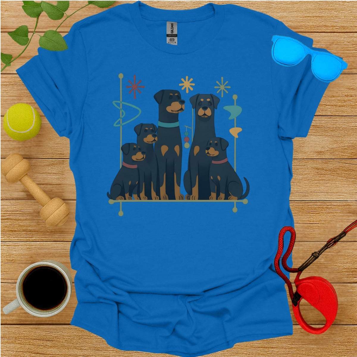 Cute Family of Black Dogs Graphic on Blue Shirt