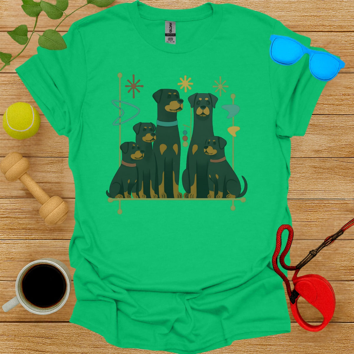 Family of Rottweilers Graphic on Green Shirt