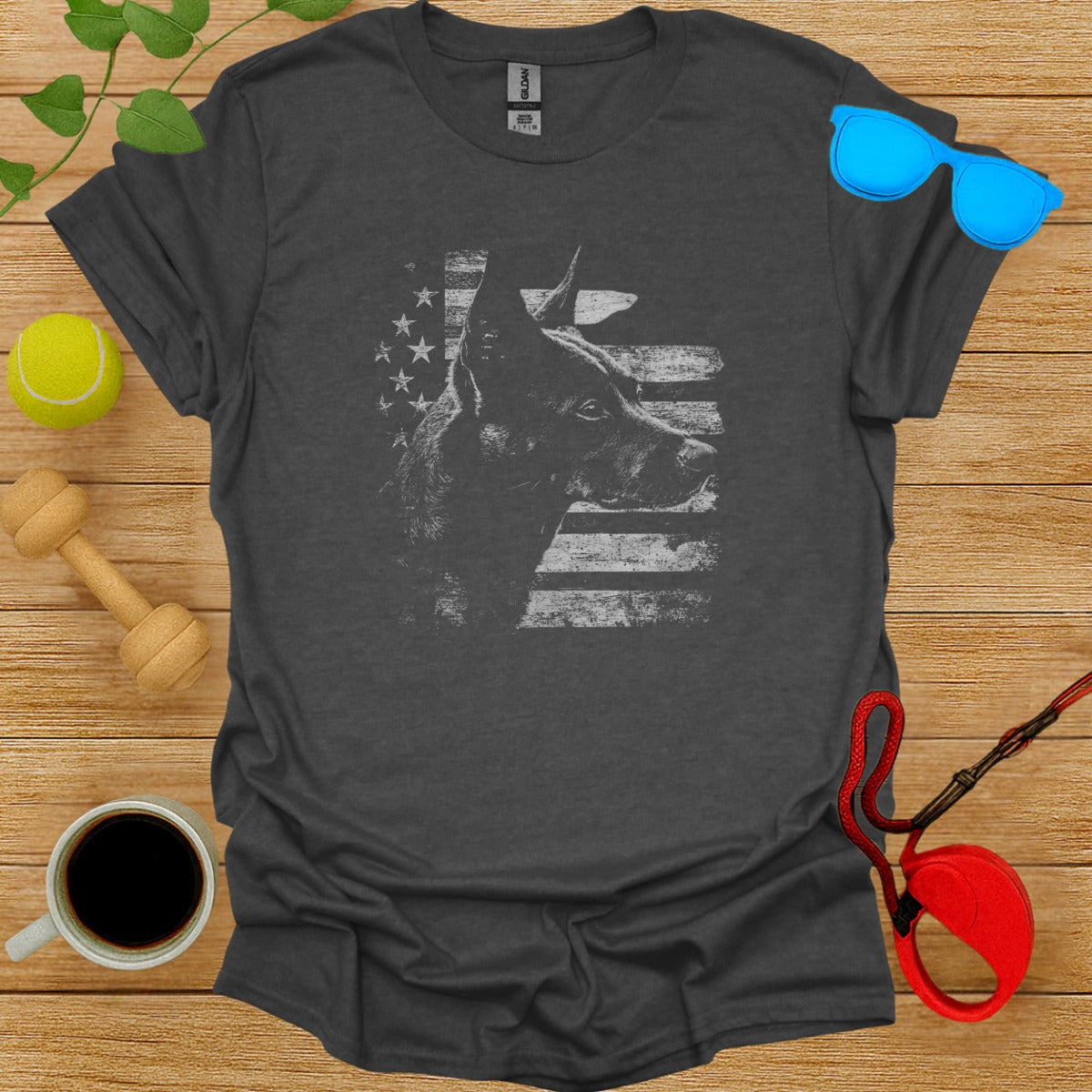 Patriotic Dog with American Flag Graphic Tee