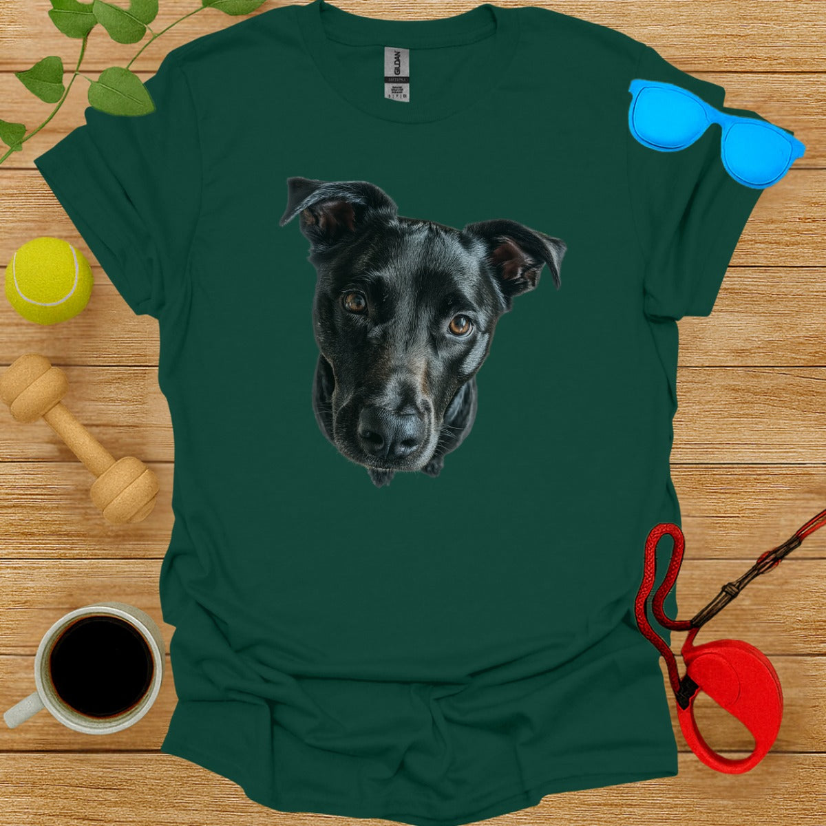 Cute Black Dog Graphic on Green T-Shirt