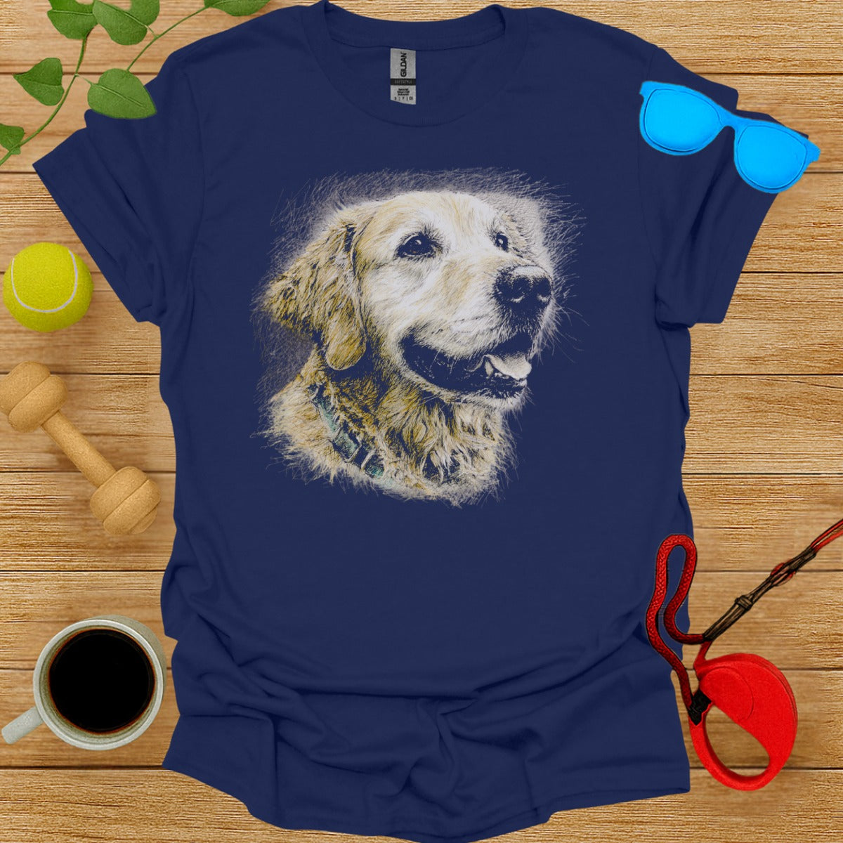 Realistic Golden Retriever Design on Blue Shirt