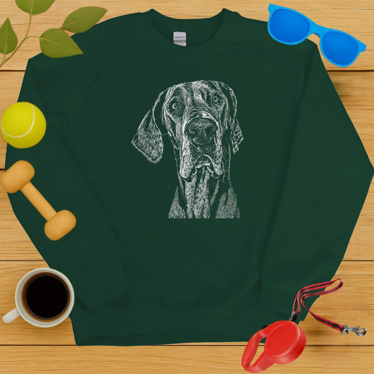 Great Dane Graphic on Dark Green Crewneck Sweater