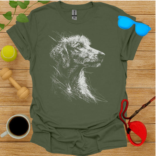 Artistic Dog Sketch Design on Olive Green T-shirt