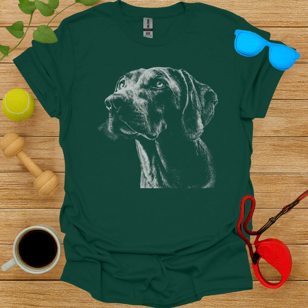 Thoughtful Dog Face Graphic on Green T-Shirt
