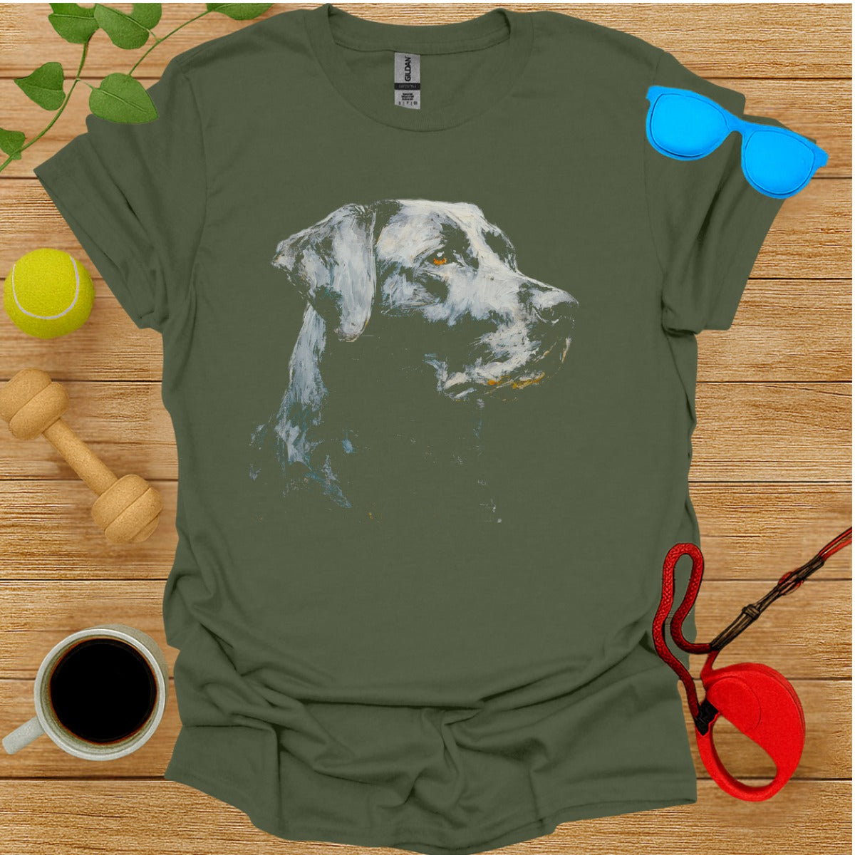 Artistic Grey Dog Graphic on Green T-shirt Product