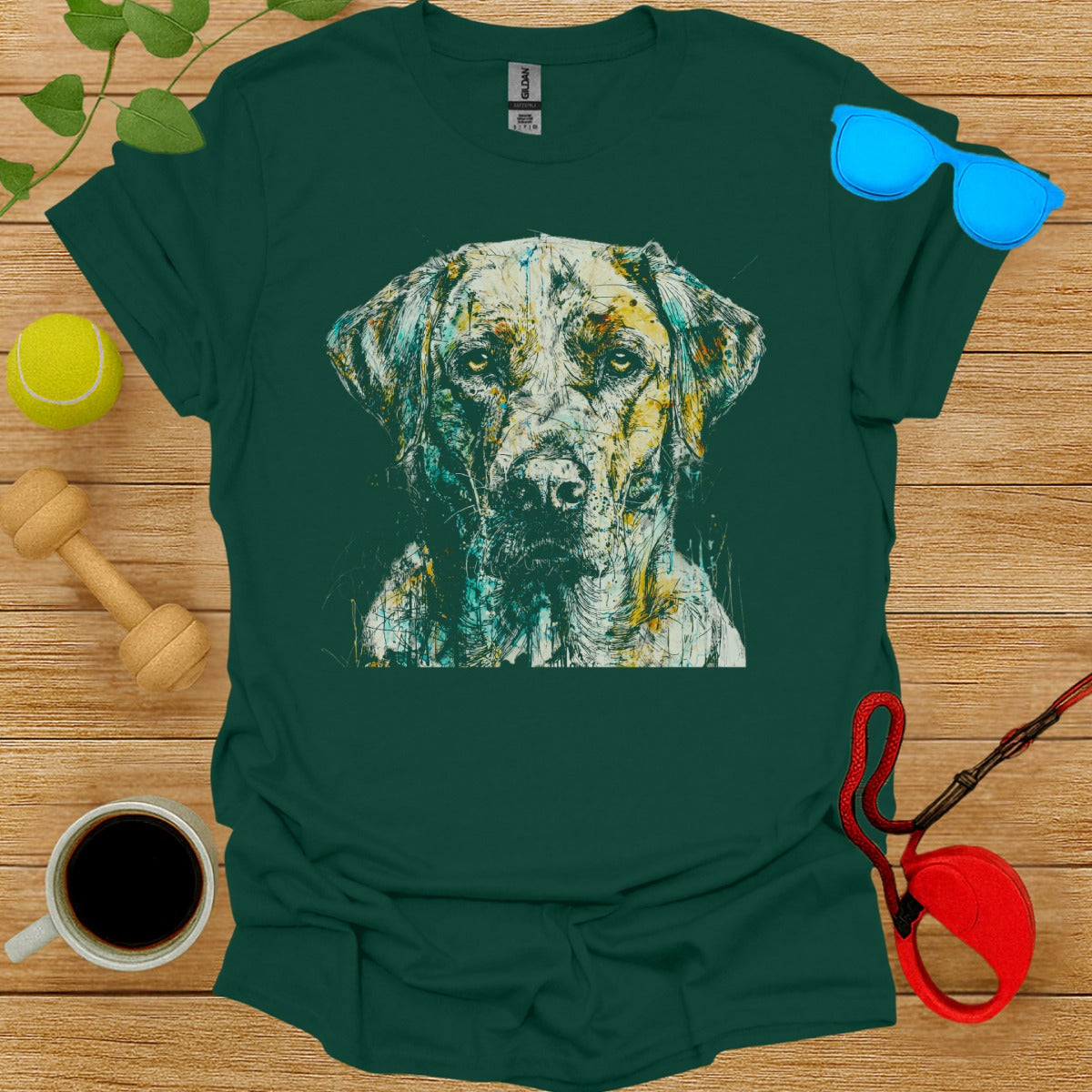 Artistic Dog Print Green T-Shirt for Casual Outfits