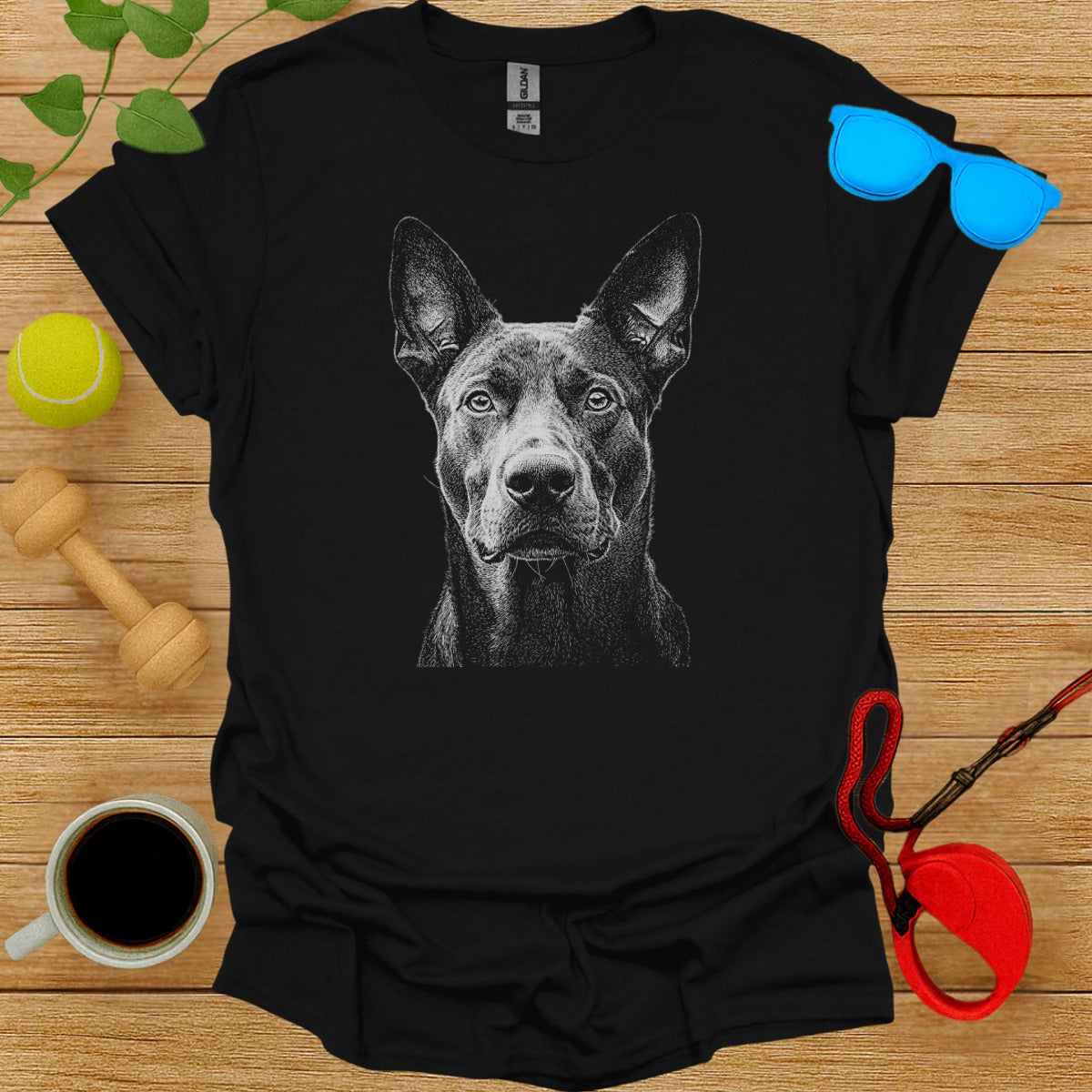 Black T-shirt with Dog Illustration Graphic Print