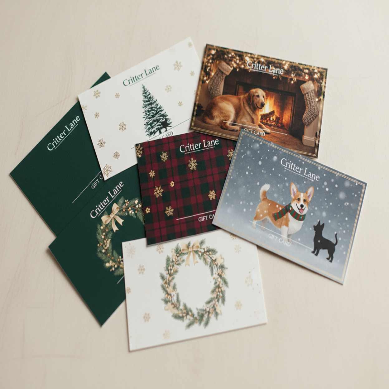 Assorted Critter Lane themed gifts cards with a holiday theme