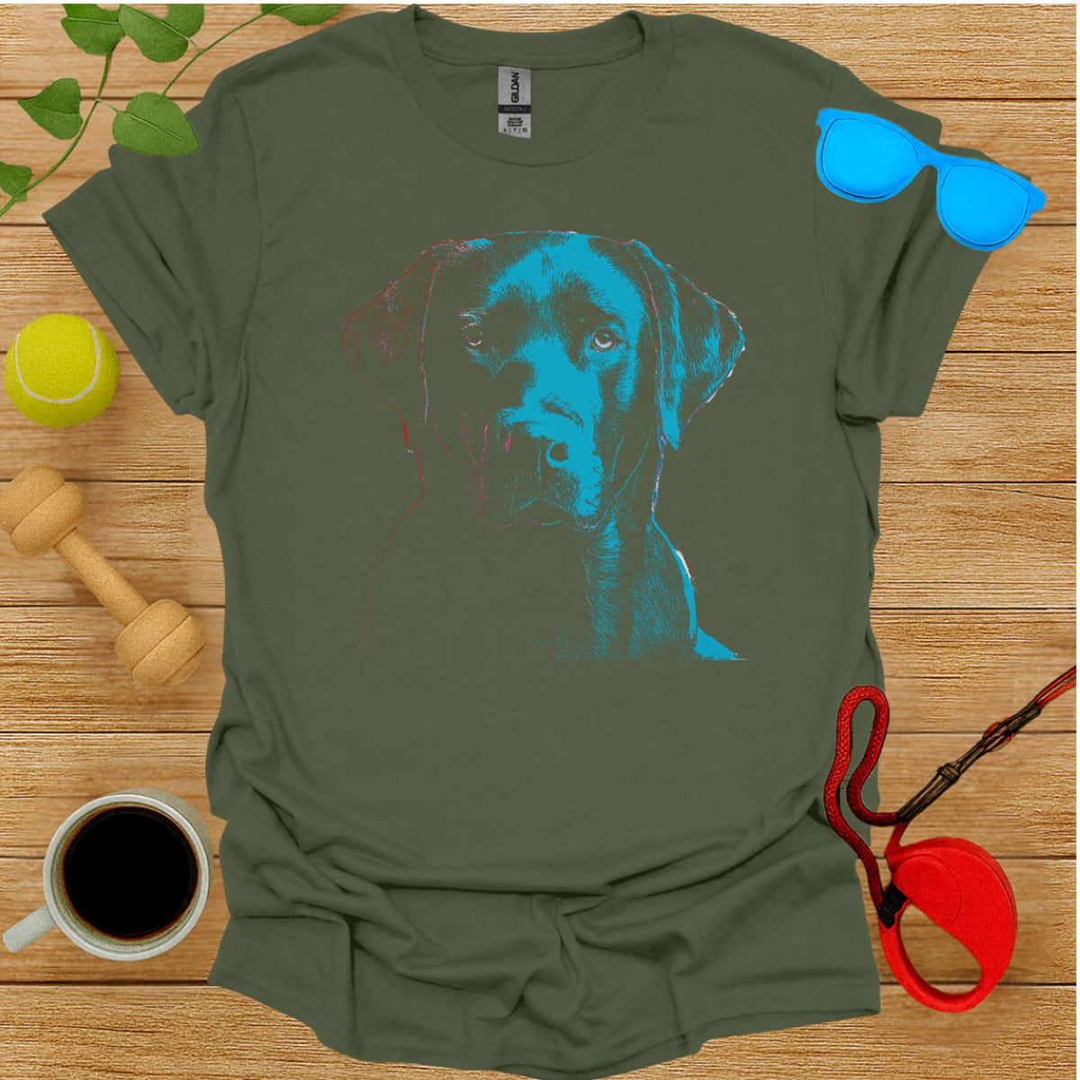 Vibrant Blue Dog Graphic Design on Green Shirt