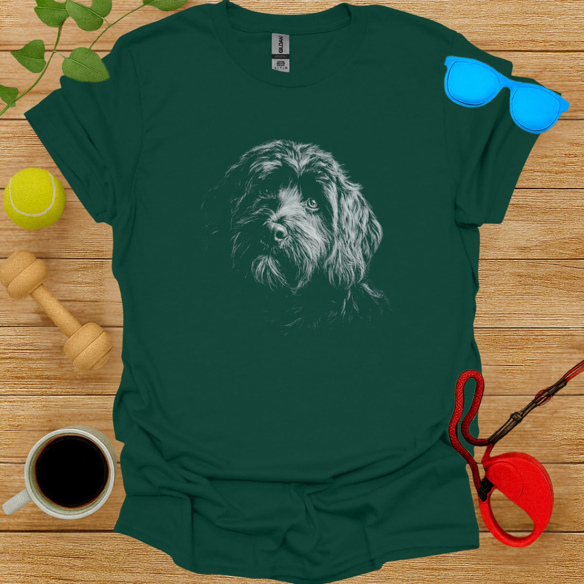 Detailed Dog Illustration on Dark Green Shirt
