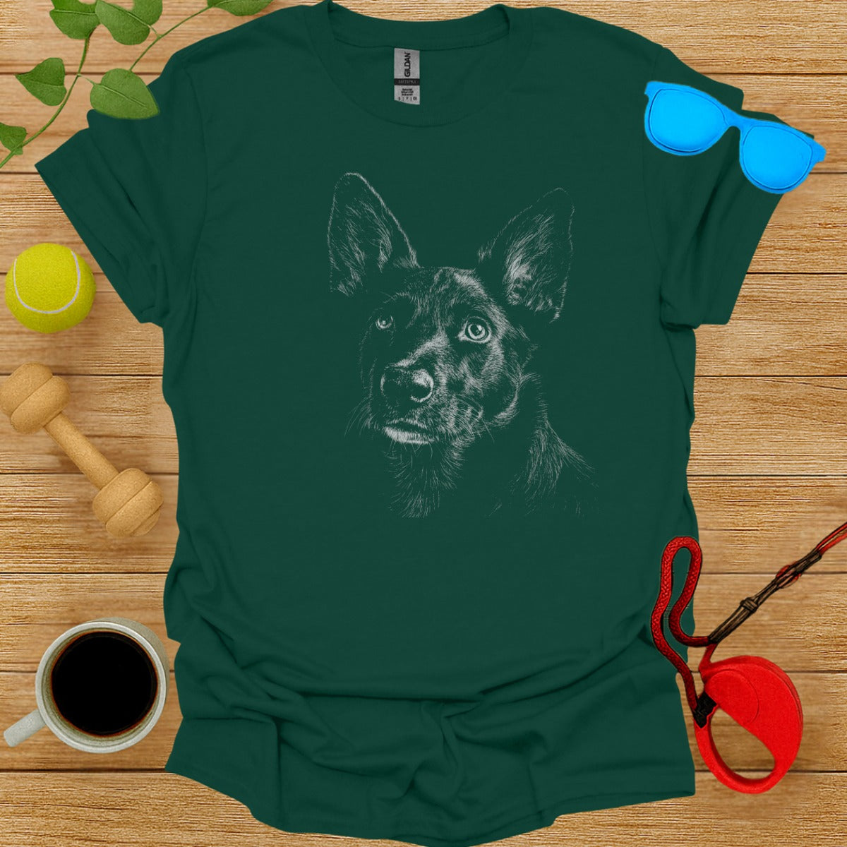 Detailed Dog Portrait Green Tee Shirt