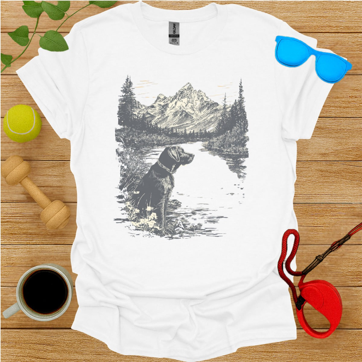 Graphic Tee with Outdoor Dog and Mountain Scene