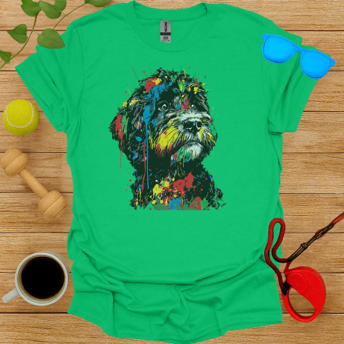 Colorful Artistic Dog Print Green T-Shirt