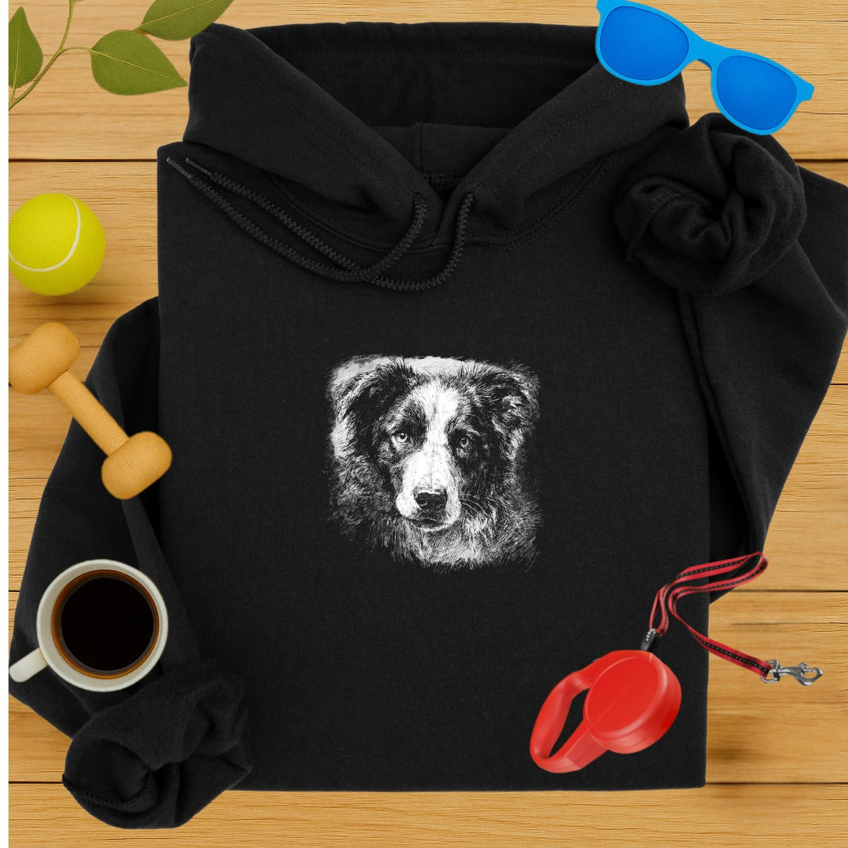 Dog Portrait Artwork on Black Cozy Hoodie