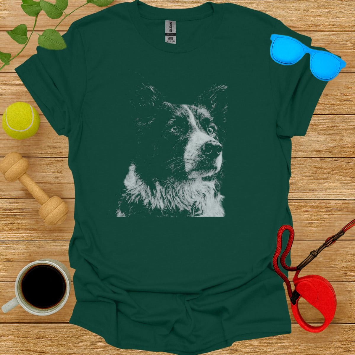 Dog Portrait Print on Green T-shirt