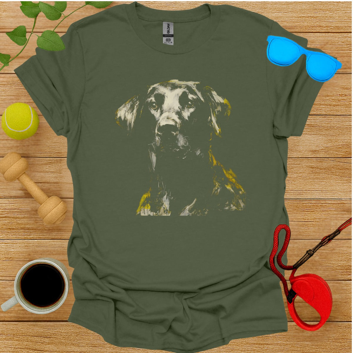 Artistic Dog Print on Khaki Green Shirt for Pet Lovers