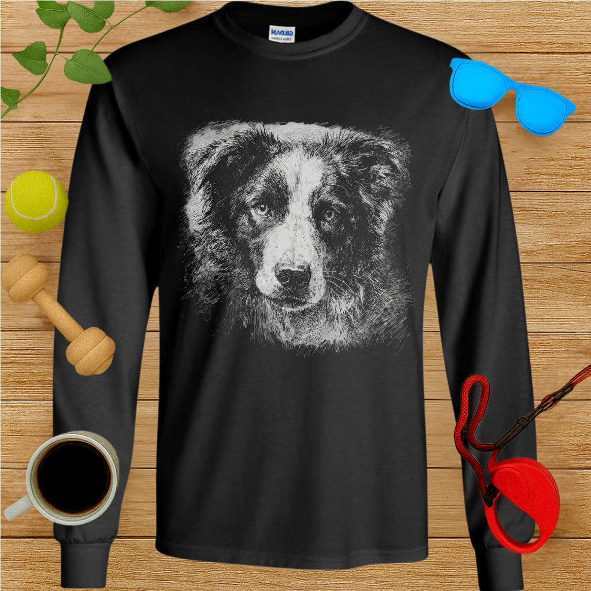 Long Sleeve Shirt with Realistic Dog Face Drawing
