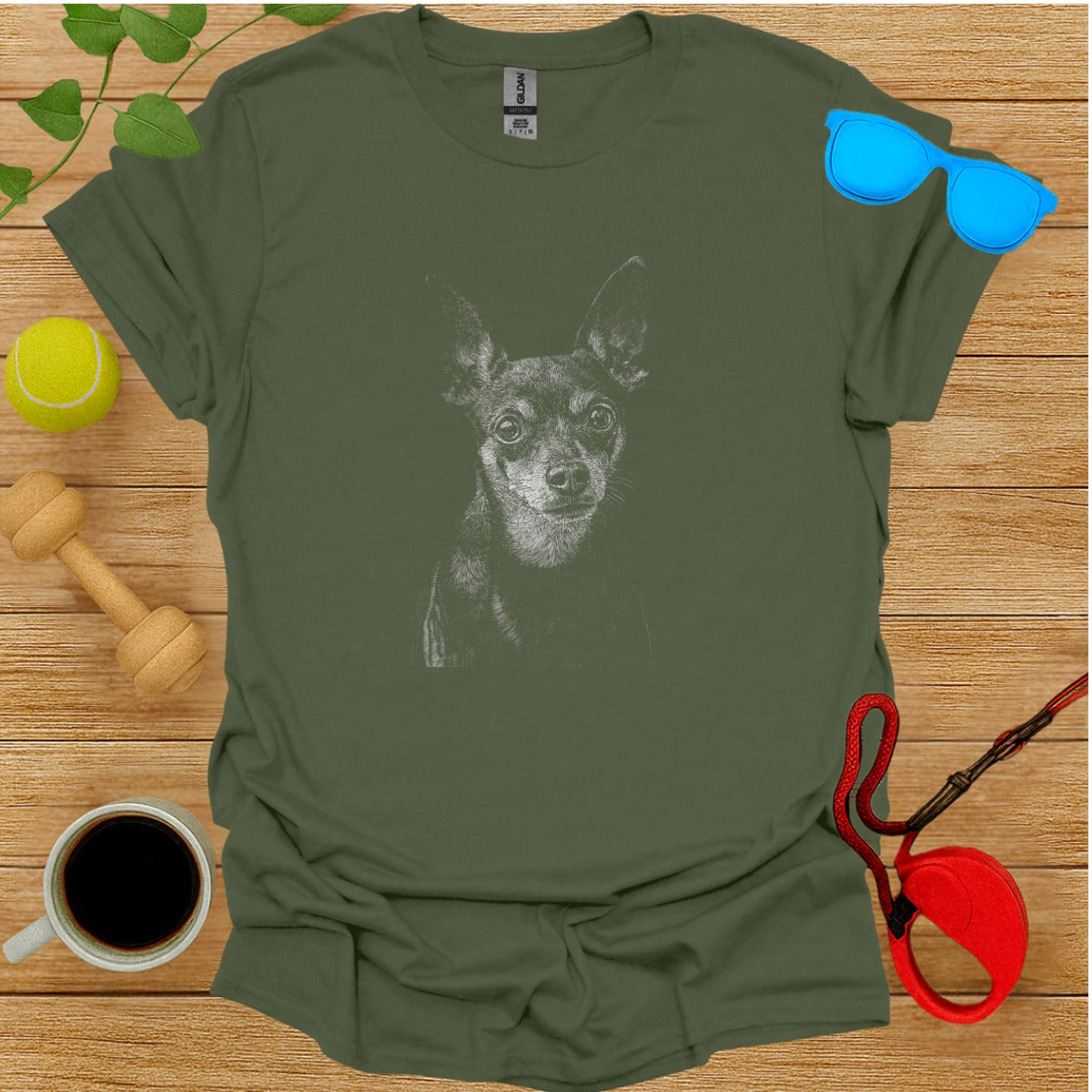 Green Shirt Featuring Sketch of Cute Dog Drawing