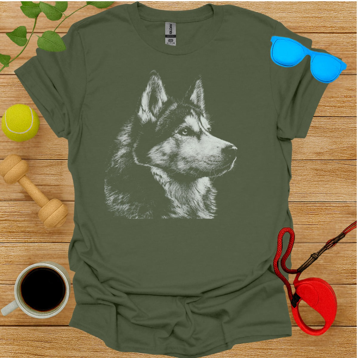 Husky Graphic Print on Green Mens T-shirt