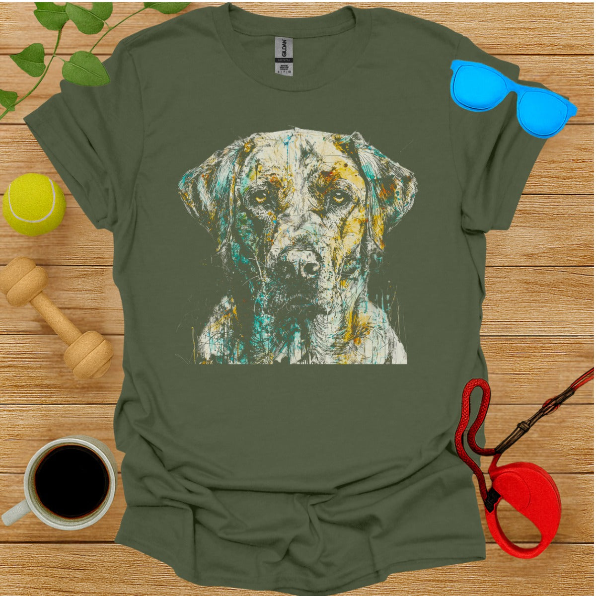 Colorful Artistic Dog Graphic Green T-shirt Product
