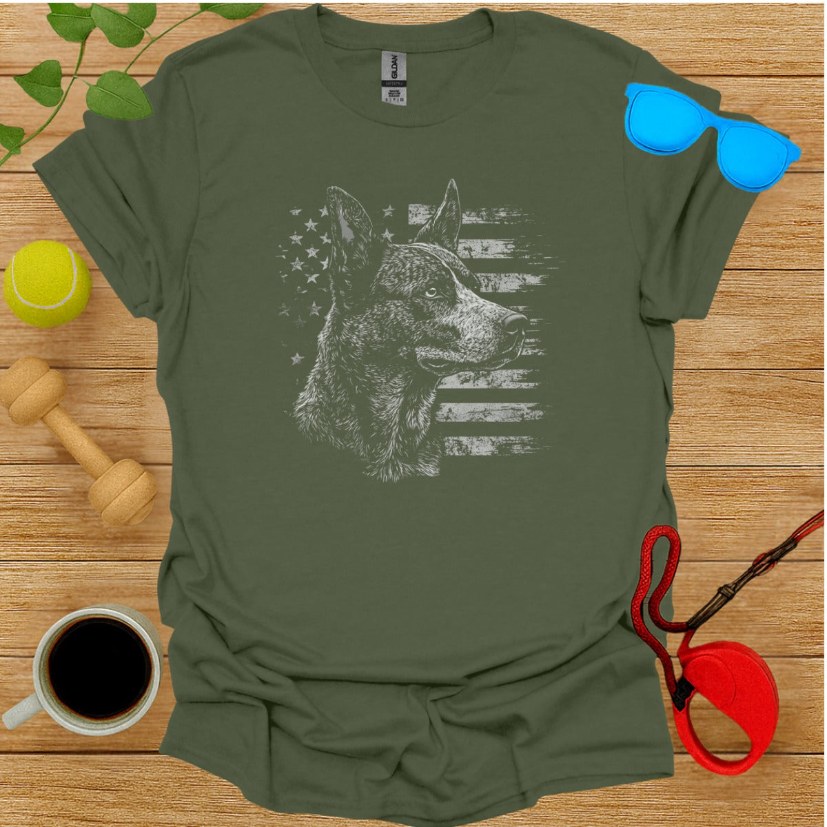 Patriotic Dog Print Olive Green Unisex T-Shirt