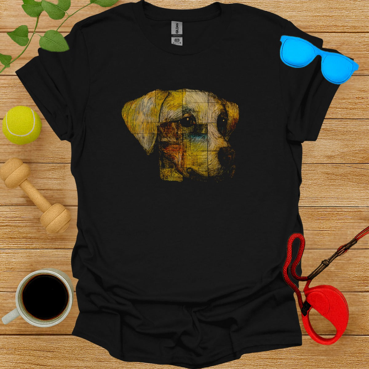 Adorable Dog Face Print on Black T-Shirt