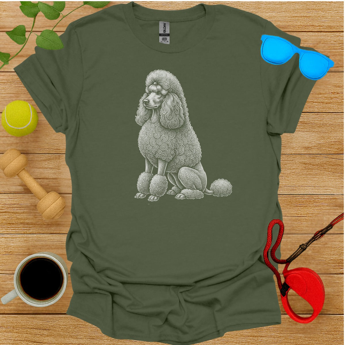 Artistic Curly Poodle Design on Green Tshirt