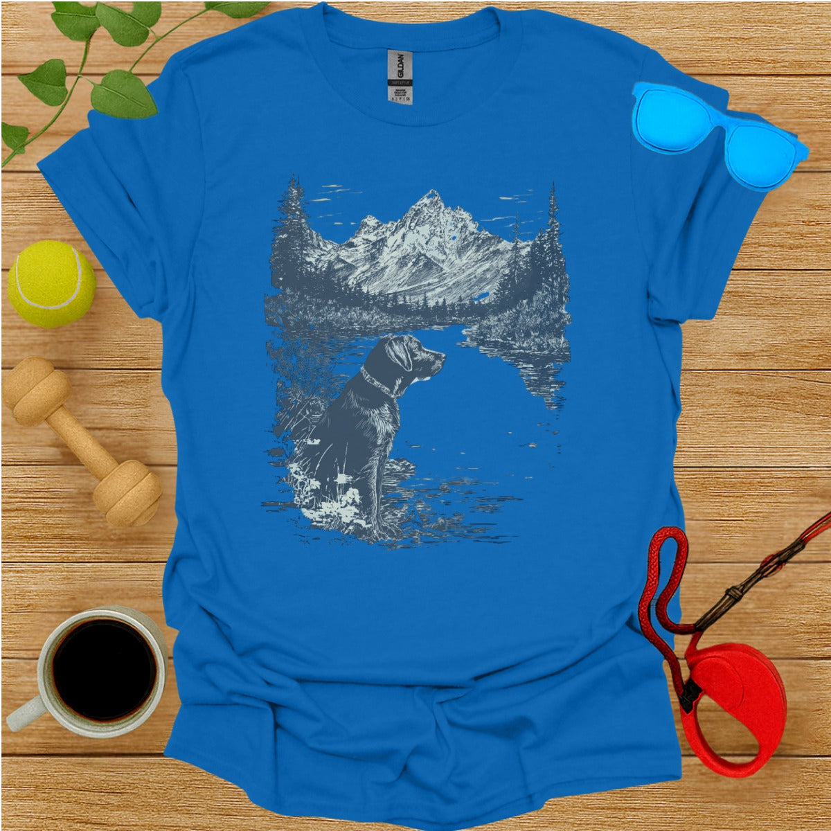 Scenic Mountain Landscape with Dog Design T-Shirt