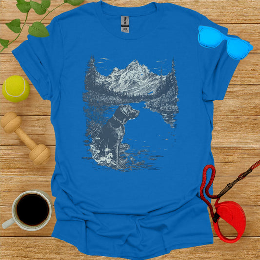 Scenic Mountain Landscape with Dog Design T-Shirt