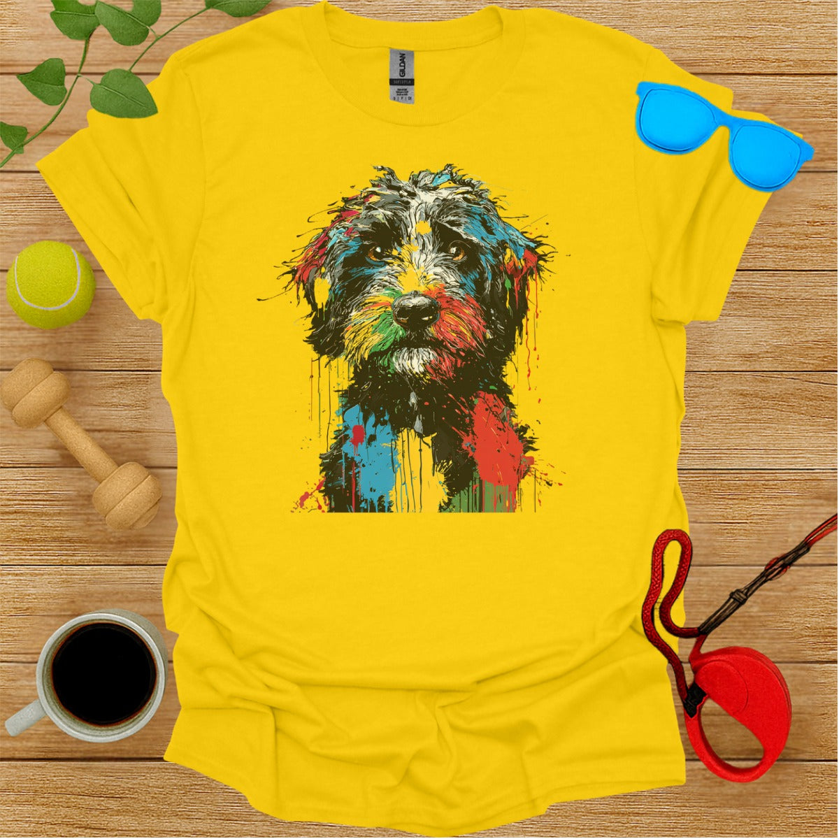 Colorful Abstract Dog Art Design on Yellow T-Shirt