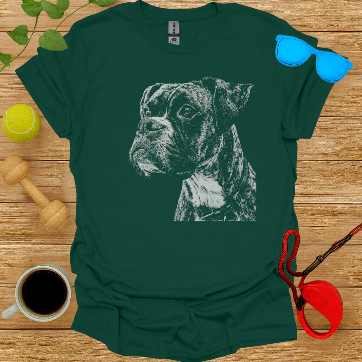 Vintage Boxer Dog Illustration on Green T-shirt