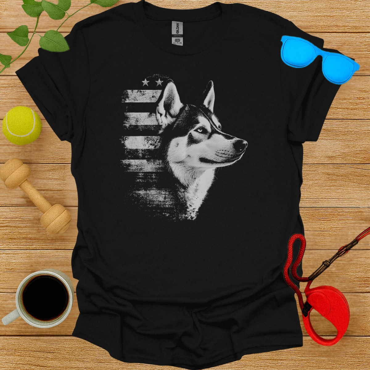 American Flag Husky Patriotic Dog Lover Solid Black Shirt