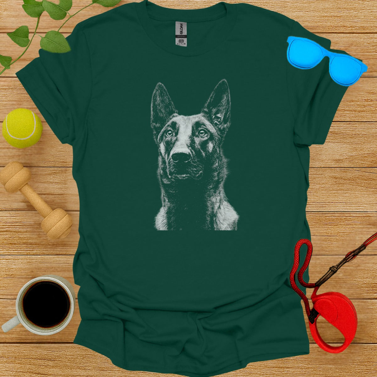 Detailed Dog Portrait Print on Dark Green T-Shirt