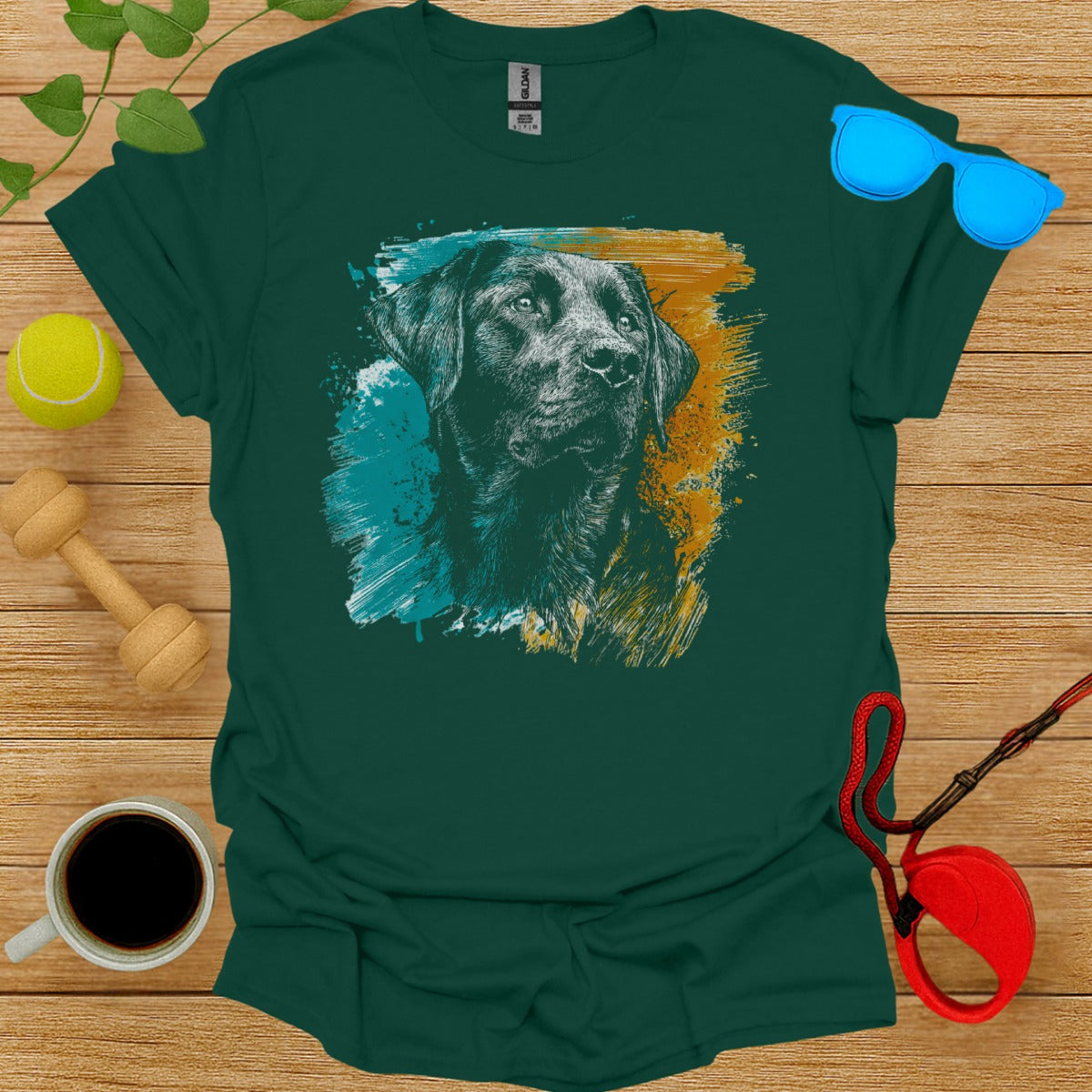 Labrador Dog Art Design on Green T-Shirt