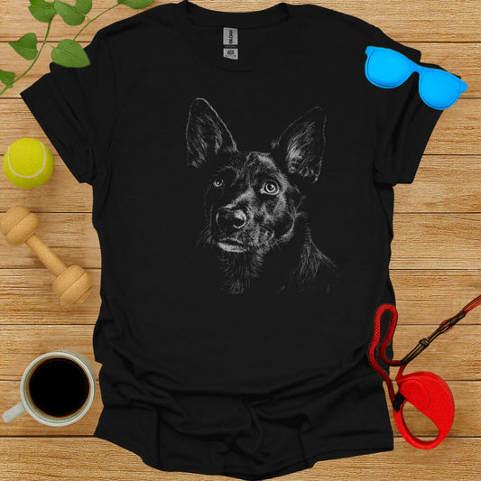 Black T-shirt with Detailed Dog Sketch Graphic Design