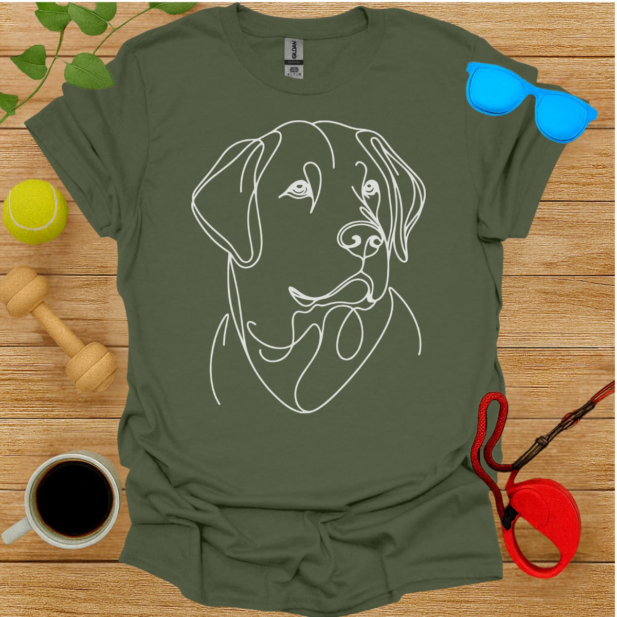 Green T-Shirt with Abstract Line Art Dog Print