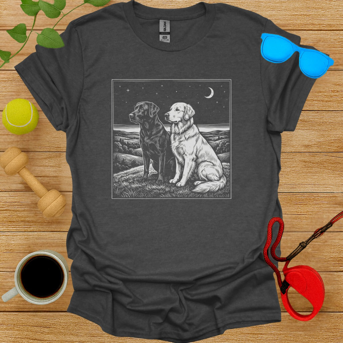 Beautiful Graphic T-Shirt with Nighttime Dog Scene Illustration