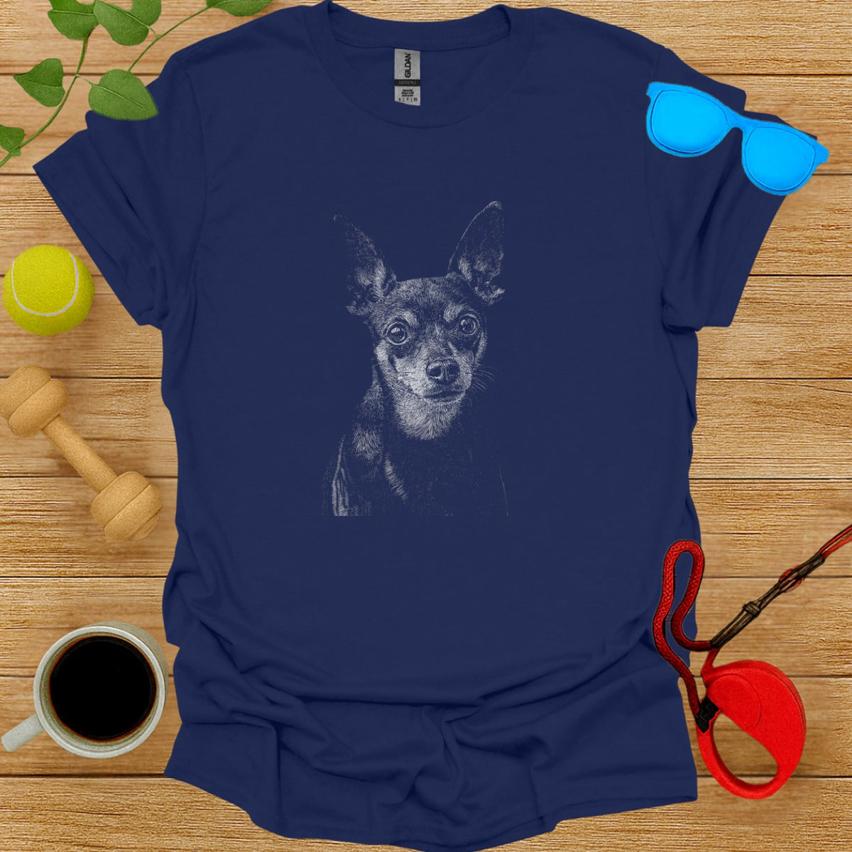 Chihuahua sketch graphic on blue t-shirt product